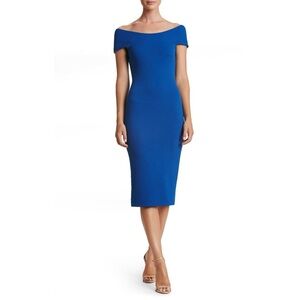 Dress The Population Midi Texture Off-The-Shoulder Short Sleeve Blue Large 10/12